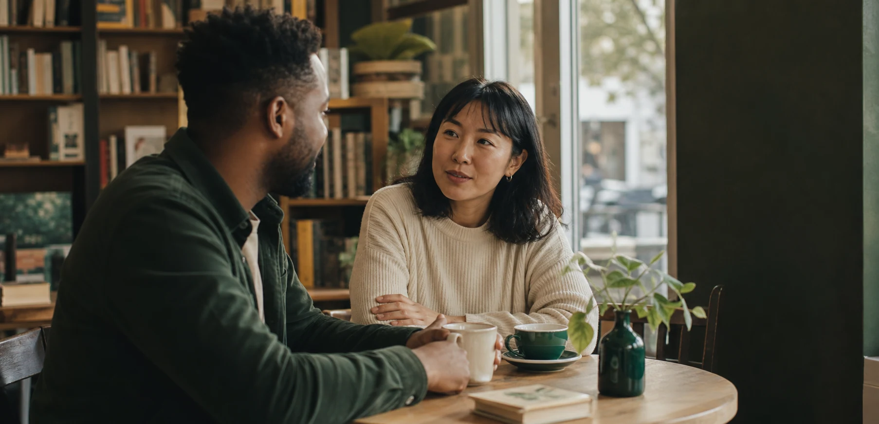 Two people having an engaged conversation at a bookstore café