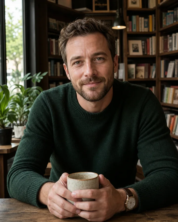 Fictional FreshMeet member Jamie in a bookstore cafe