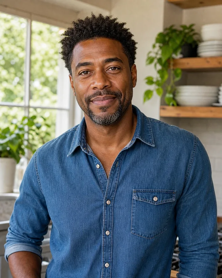 Fictional FreshMeet member Marcus at home in his kitchen