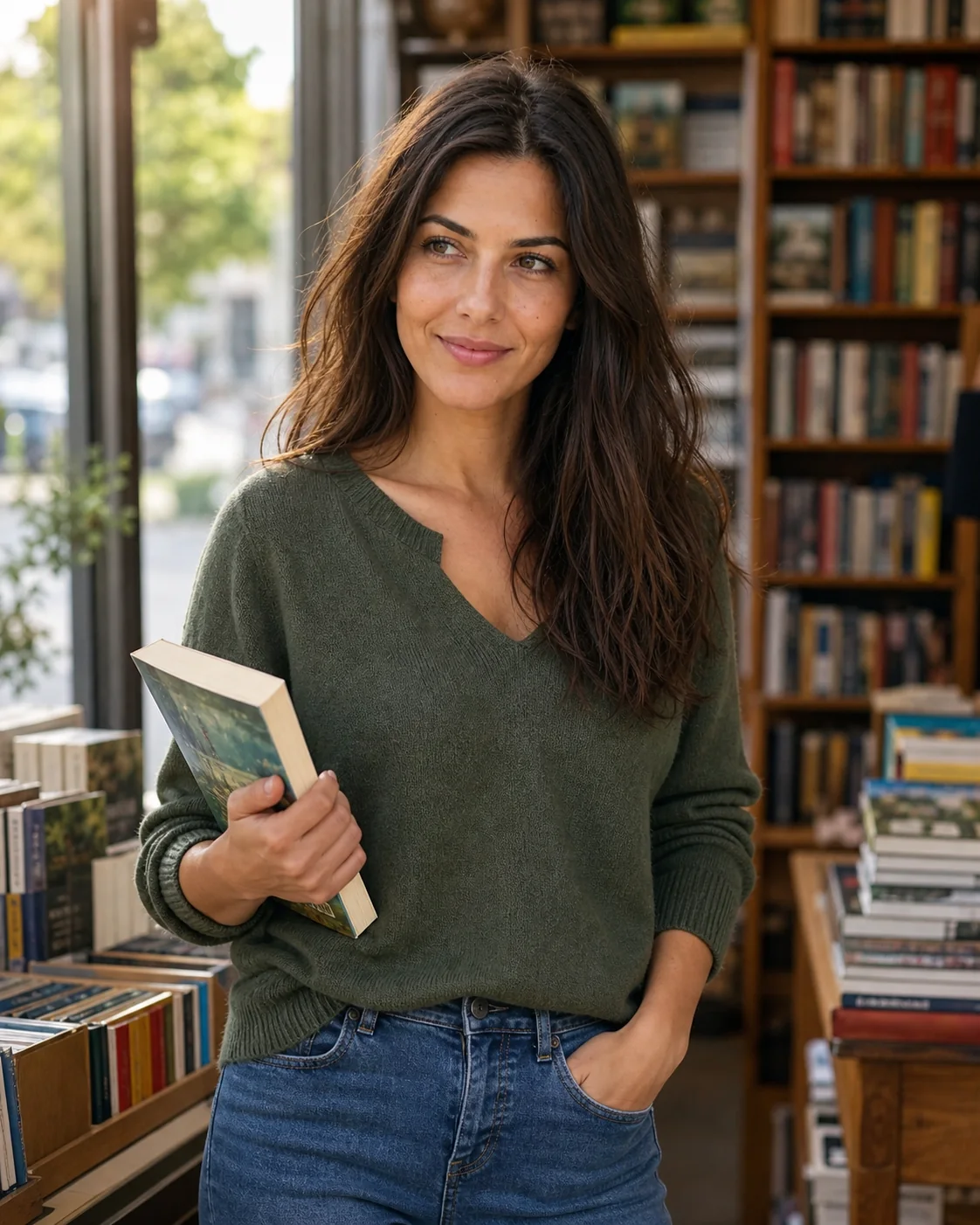 Fictional FreshMeet member Maya browsing books in a neighborhood bookstore